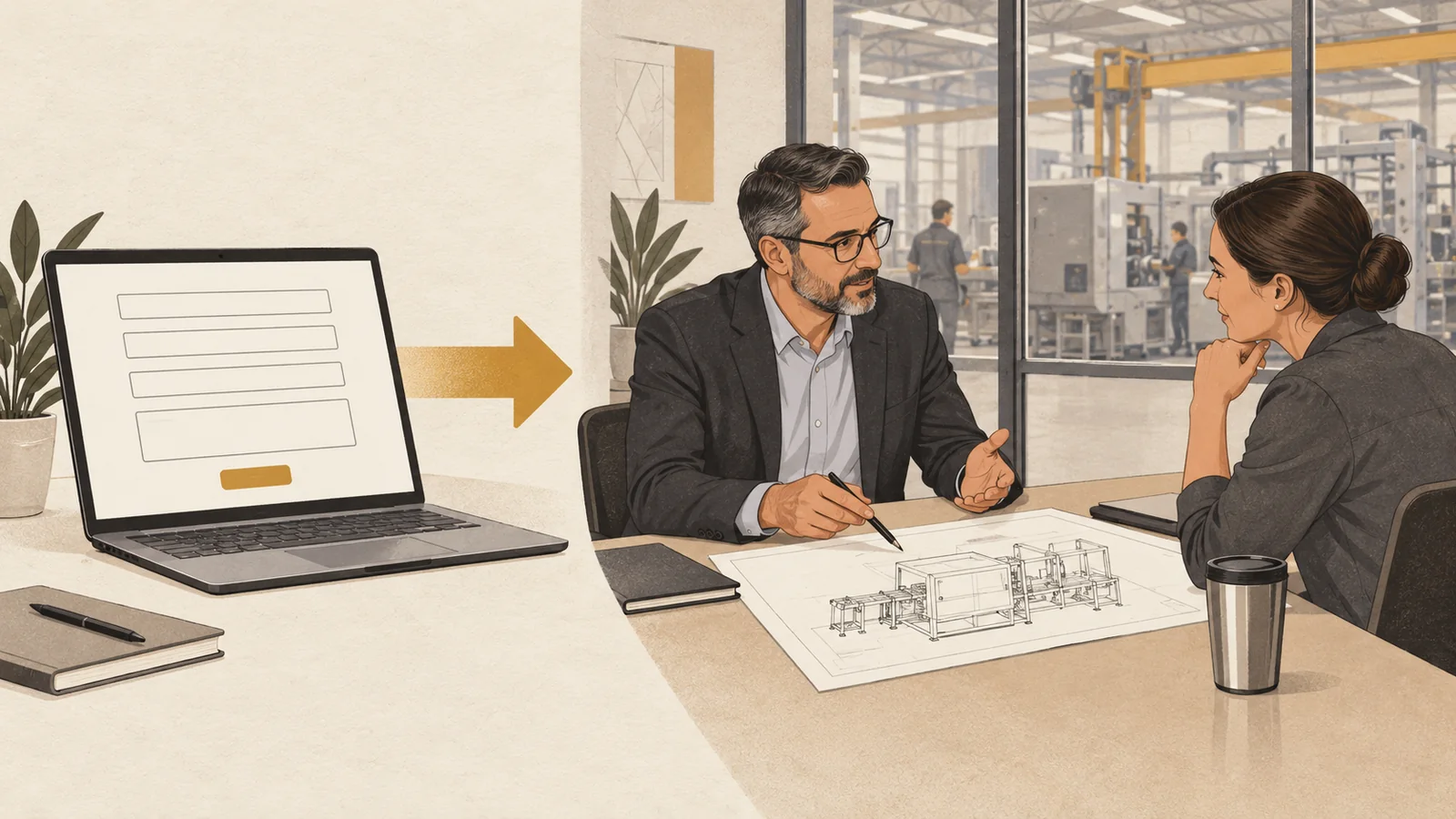 Ilustração de um formulário no computador ligado a uma reunião comercial em uma indústria.