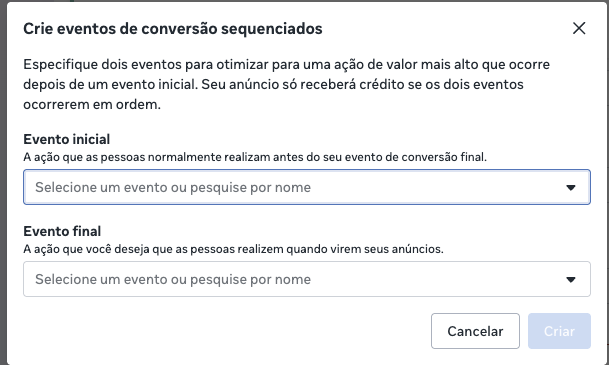 Janela da Meta para criar eventos de conversão sequenciados, com os campos Evento inicial e Evento final ainda sem seleção.