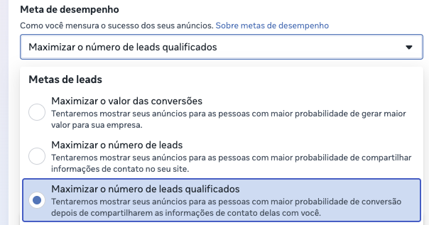 Meta de desempenho na Meta com a opção Maximizar o número de leads qualificados selecionada.